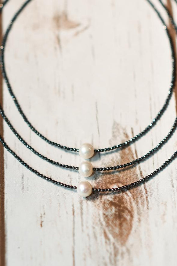 Hematite Necklace with Floating Freshwater Pearl