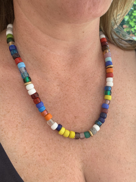 Rainbow Enamel Beads on Leather Necklace