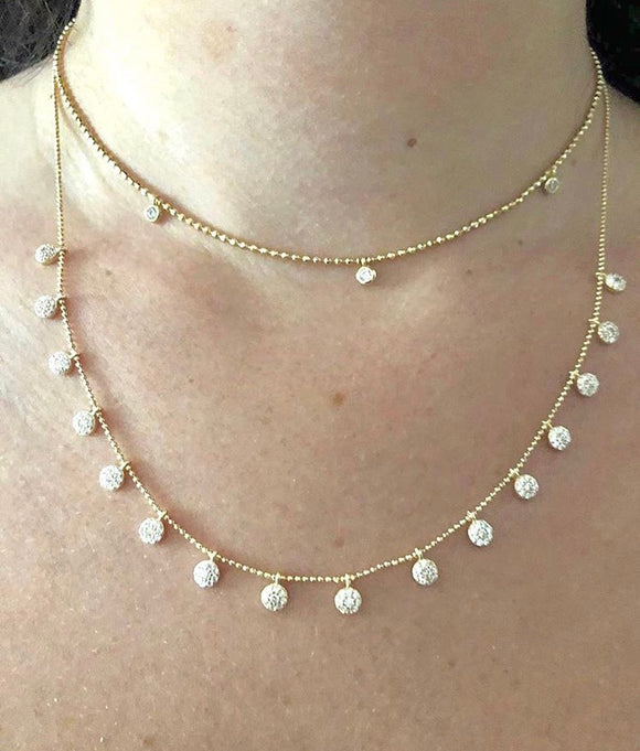 Top- ball chain gold vermeil Choker with 3 Tiny CZ Discs--------- Bottom- ball chain gold vermeil Necklace with 16 Tiny CZ Discs