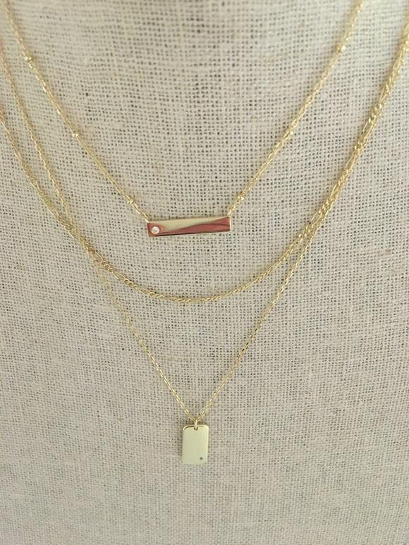 Triple Layer Necklace with Gold Bar and Gold Dog Tag